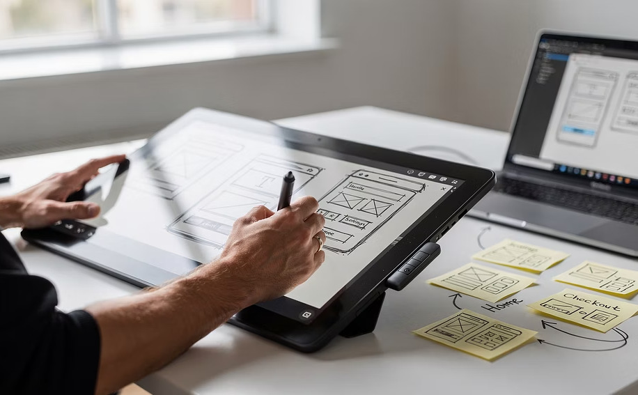 Designer sketching website wireframes on a tablet in a bright studio