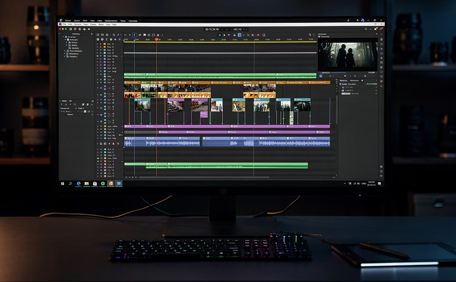 Video editing timeline on a professional monitor