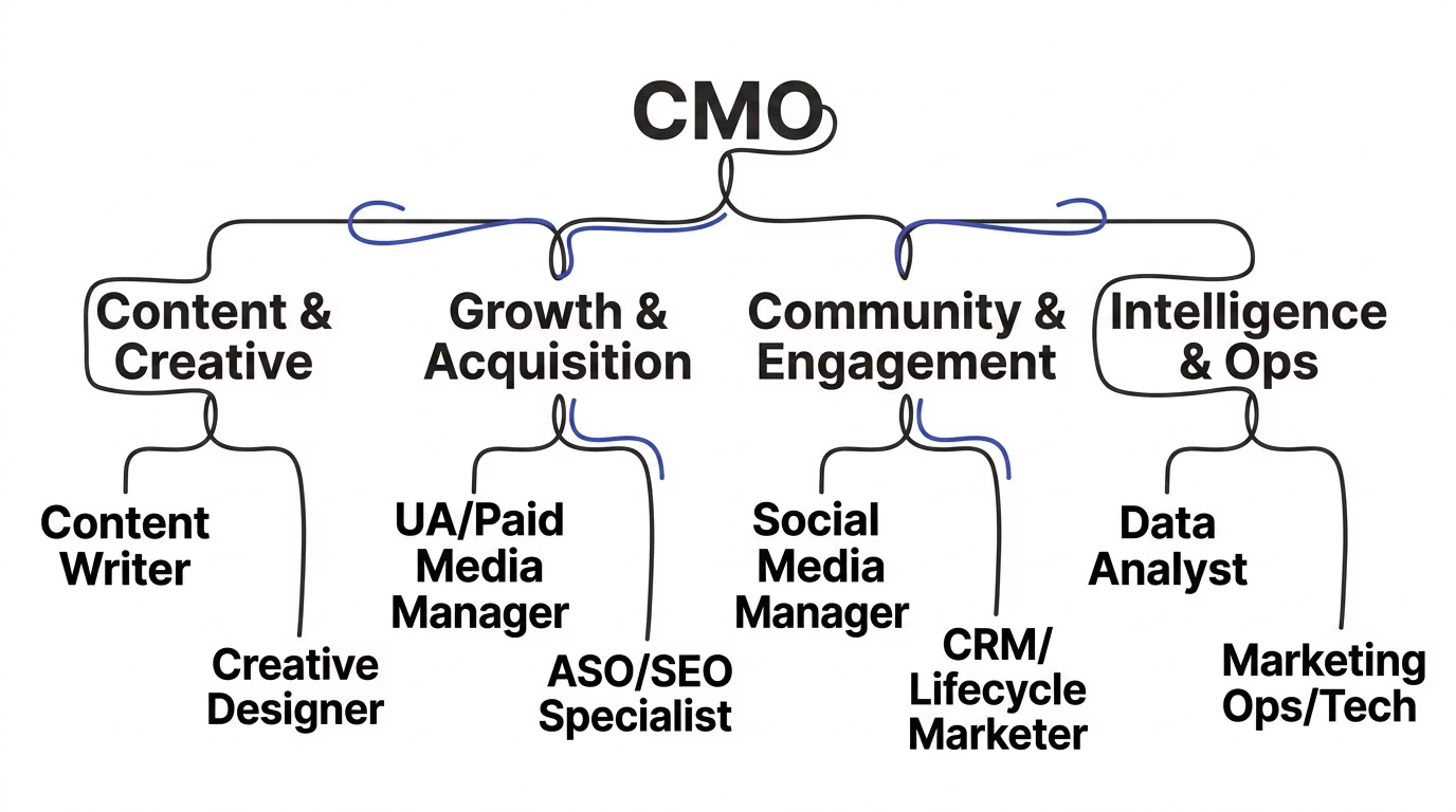 JointViews org chart: the CMO leading four pillars across nine specialized marketing roles