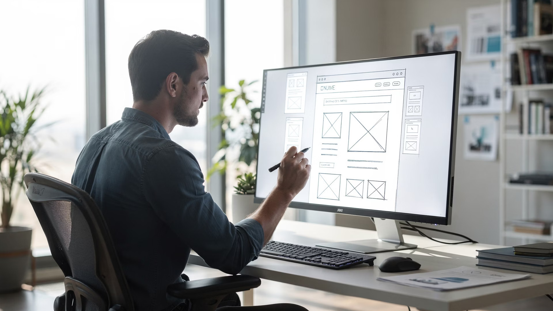 Web designer sketching wireframes on a large monitor in a bright studio