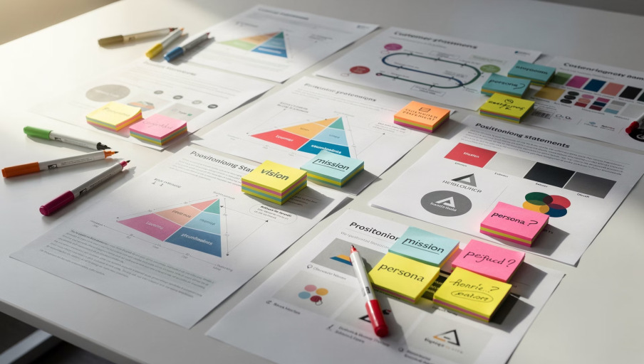 Brand strategy documents, positioning charts, and sticky notes on a table