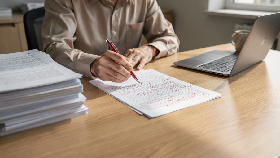 Editor reviewing and marking up documents at a desk