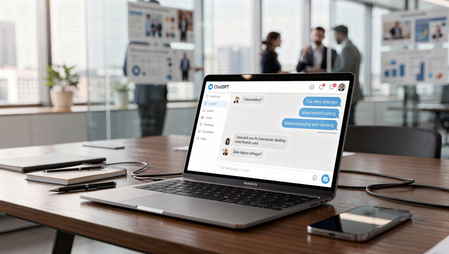 Laptop showing an AI chat interface in a modern marketing office