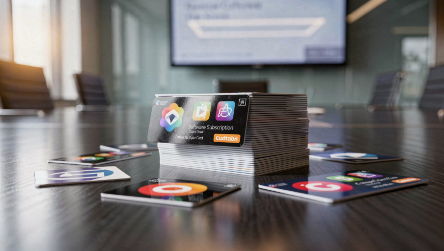 Software subscription cards spread across a meeting room table
