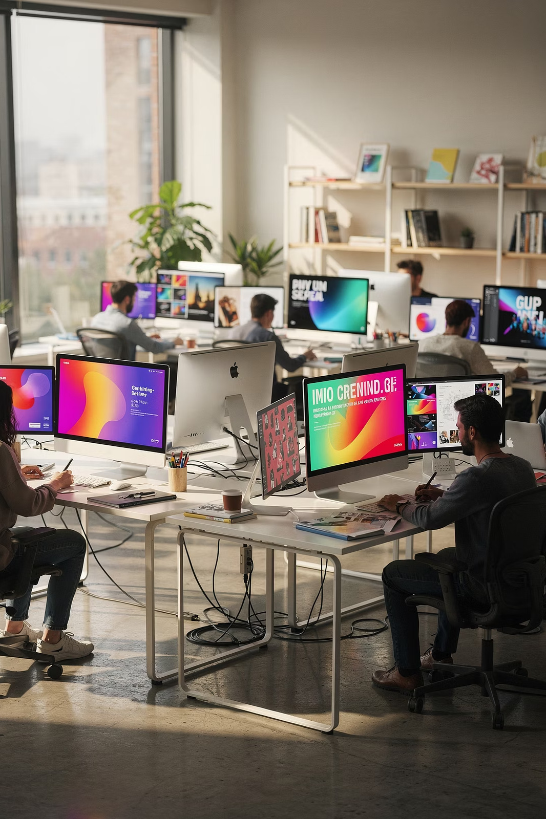 Modern creative studio with designers at bright desks showing colorful digital ads