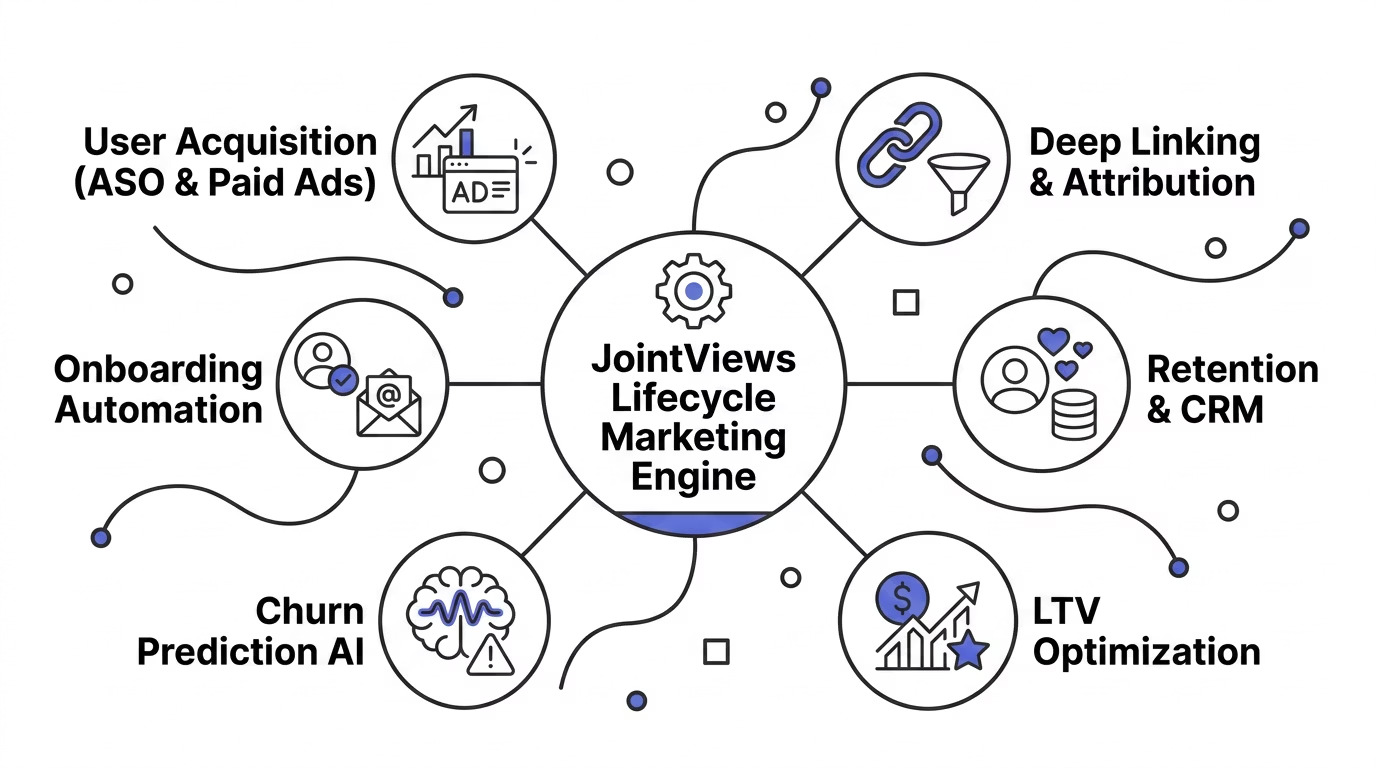 JointViews Lifecycle Marketing Engine hub-and-spoke diagram connecting User Acquisition, Deep Linking & Attribution, Retention & CRM, LTV Optimization, Churn Prediction AI, and Onboarding Automation