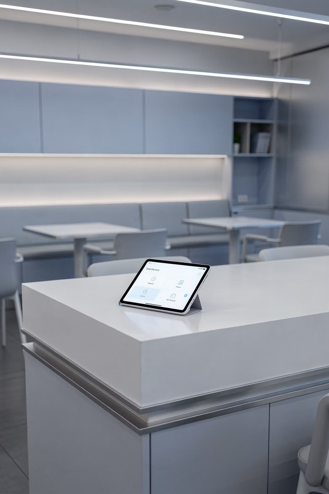 Modern restaurant interior with digital ordering tablet